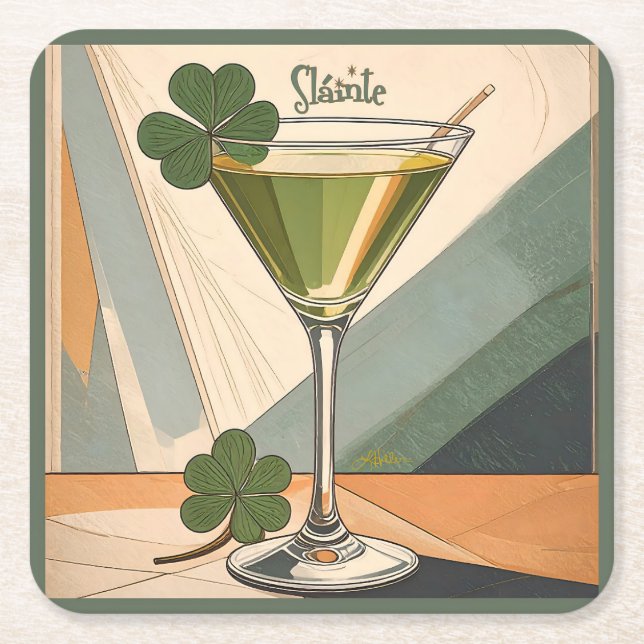 Mid Century Modern Art Shamrock Martini Sláinte!  Underlägg Papper Kvadrat (Framsidan)