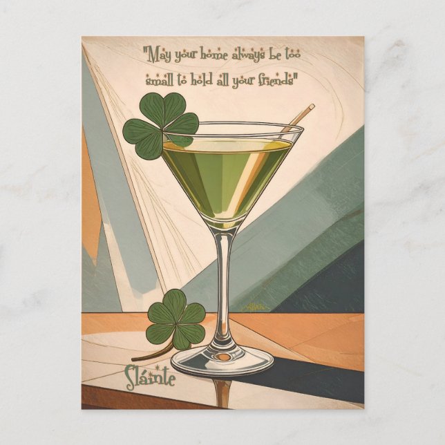 Mid Century Modern Art Shamrock Martini Sláinte!  Vykort (Framsida)