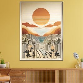 Mid Century Modern Art Vår Valley Sjö Sunset Canvastryck