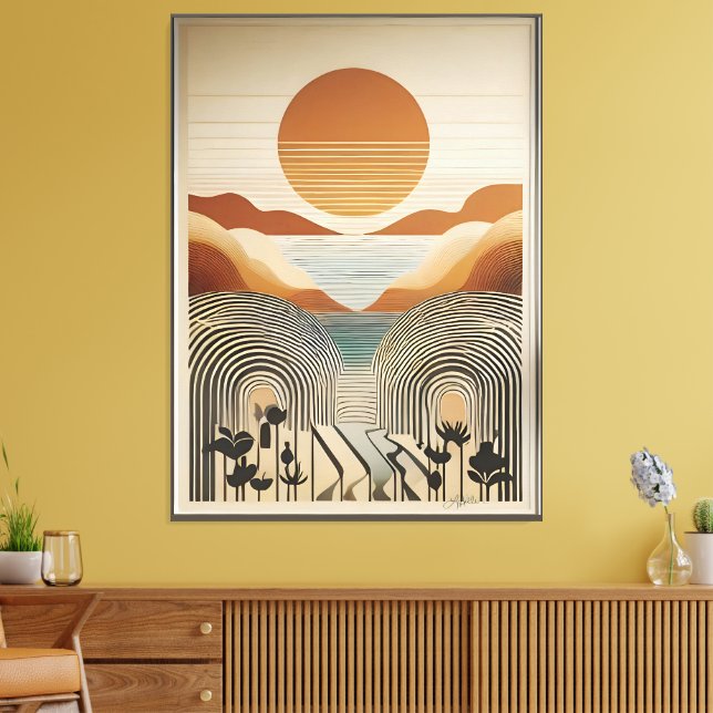 Mid Century Modern Art Vår Valley Sjö Sunset Canvastryck (Insitu (Vardagsrum))