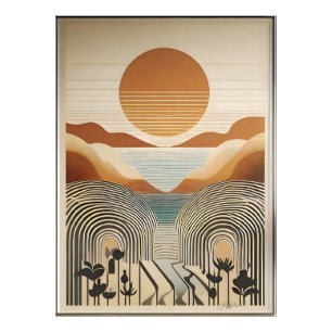 Mid Century Modern Art Vår Valley Sjö Sunset Fototryck