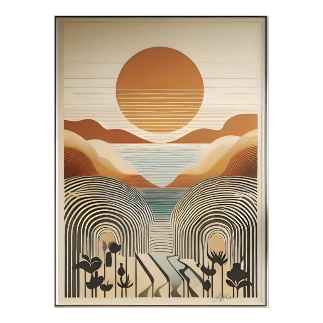 Mid Century Modern Art Vår Valley Sjö Sunset Fototryck (Framsidan)