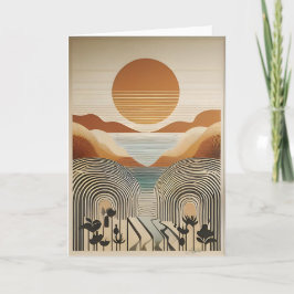 Mid Century Modern Art Vår Valley Sjö Sunset Kort