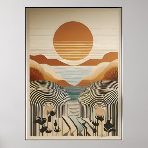 Mid Century Modern Art Vår Valley Sjö Sunset Poster