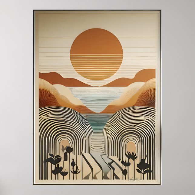 Mid Century Modern Art Vår Valley Sjö Sunset Poster (Framsidan)