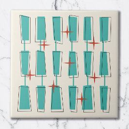 Mid Century Modern Atomblock Teal, Crème, Röd Kakelplatta