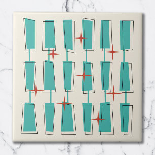 Mid Century Modern Atomblock Teal, Crème, Röd Kakelplatta