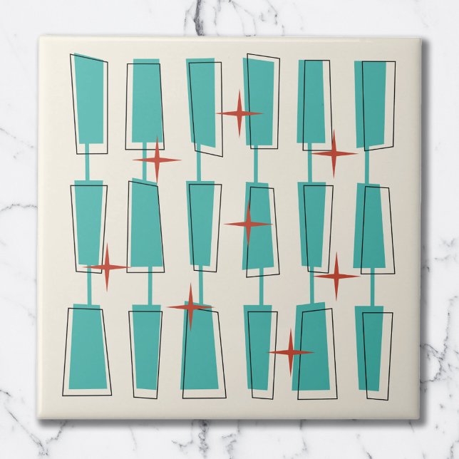 Mid Century Modern Atomblock Teal, Crème, Röd Kakelplatta (Skapare uppladdad)