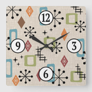 Mid Century Modern Atomic Age Starburst Mönster Fyrkantig Klocka