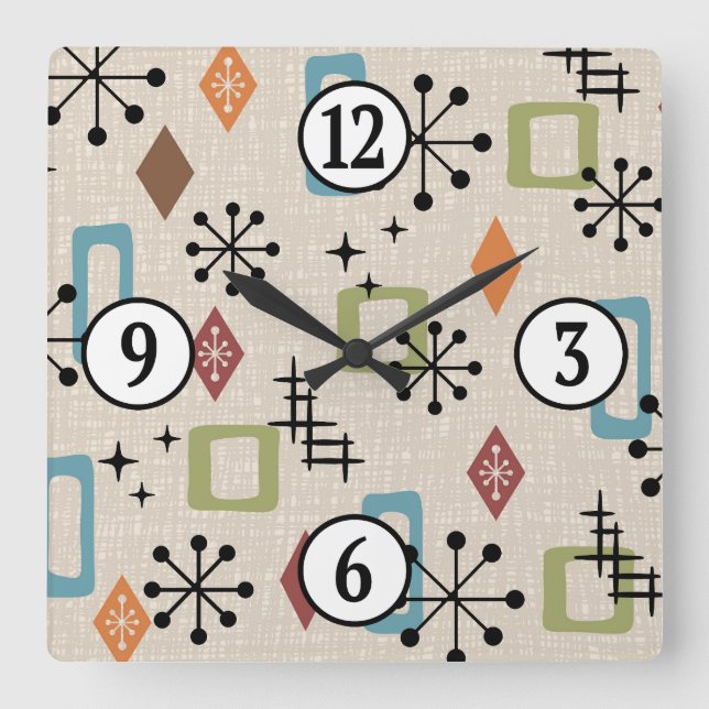 Mid Century Modern Atomic Age Starburst Mönster Fyrkantig Klocka (Framsida)
