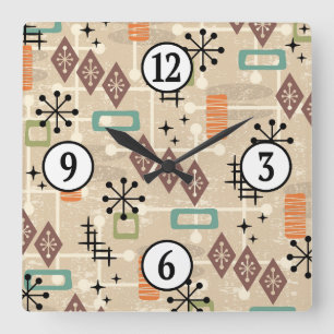 Mid Century Modern Atomic Age Starburst Mönster Fyrkantig Klocka