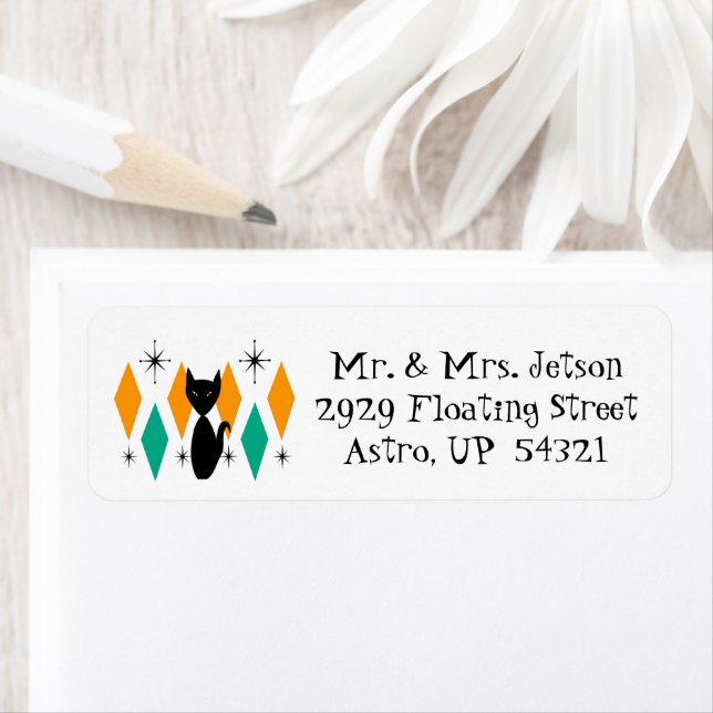 Mid Century Modern Atomic Diamonds Starbursts Cat Returadress Etikett (Insitu)