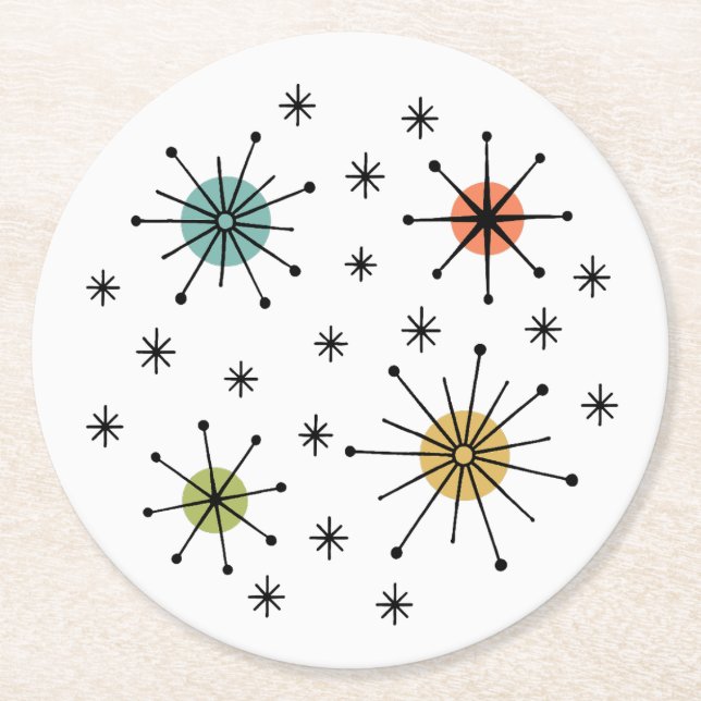 Mid Century Modern Atomic Starburst Pattern Underlägg Papper Rund (Framsidan)