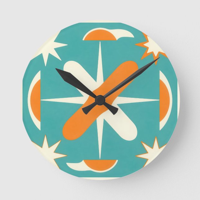 Mid Century Modern Atomic Starburst Rund Klocka (Framsida)