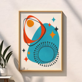 Mid Century Modern Atomisk Blå Röd Orange Abstrakt Poster