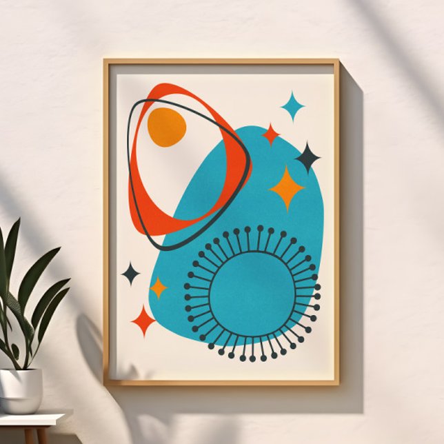Mid Century Modern Atomisk Blå Röd Orange Abstrakt Poster (Skapare uppladdad)