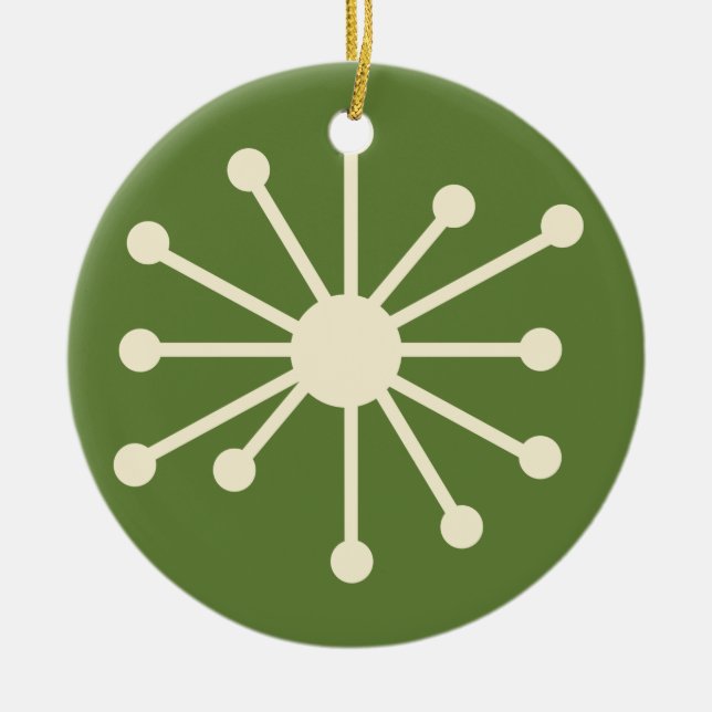 Mid Century Modern Atomisk Prick Grön & Kräm Julgransprydnad Keramik (Framsidan)