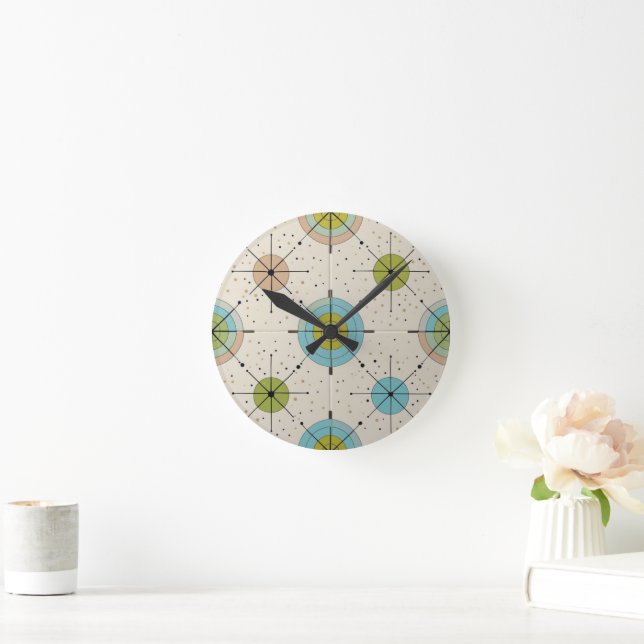 Mid Century Modern Atomisk Stjärnexplosion Mönster Rund Klocka (Hem)