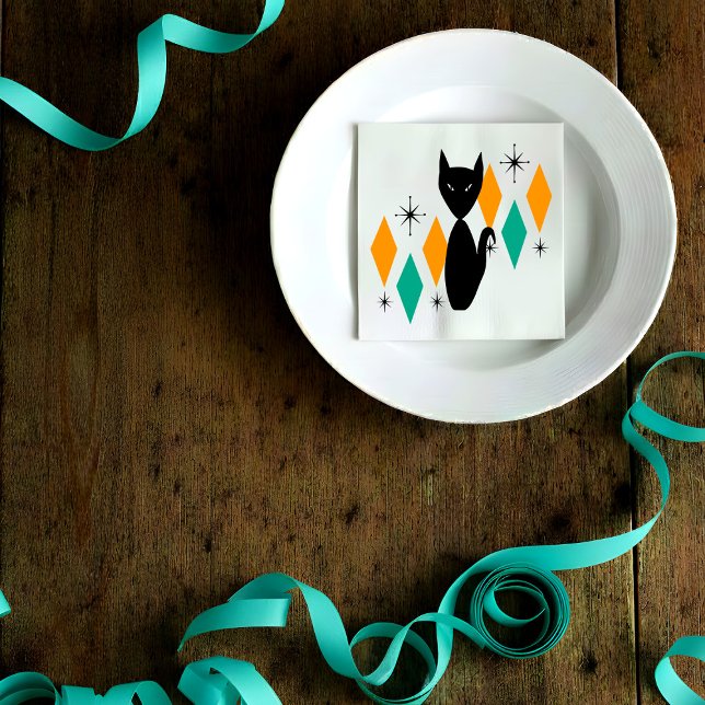 Mid Century Modern Atomisk Svart Katt Diamanter St Pappersservett (Mid Century Modern Black Skinny Cat Atomic Eames Era Stars Starbursts Gold Teal Diamonds )