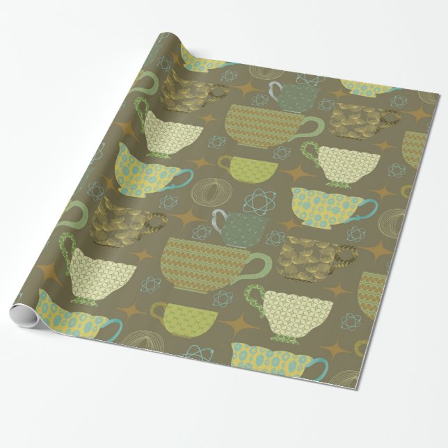 Mid Century Modern Beige Tekop  Presentpapper (Utrullad)