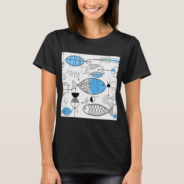 Mid-Century Modern Blå Fisk T Shirt (Framsida)
