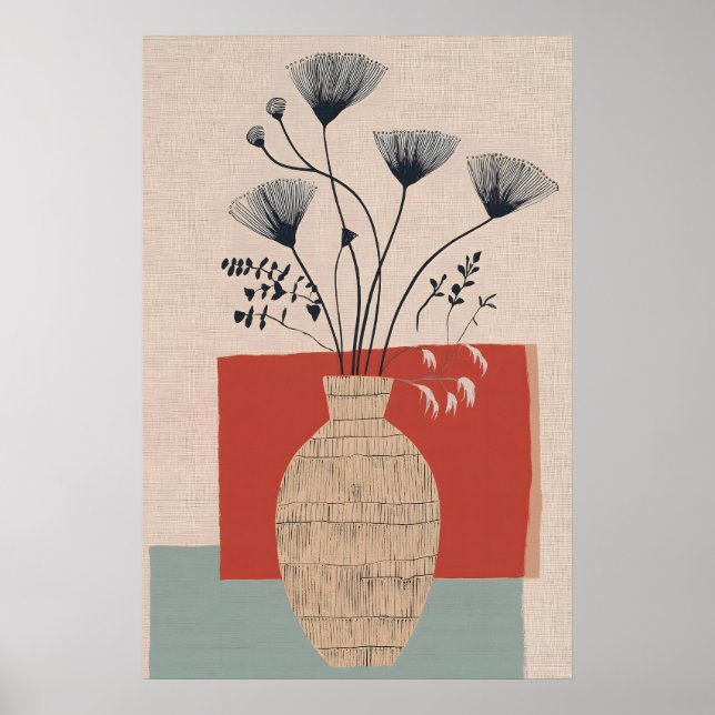 Mid-Century Modern Blommig Jordton Vastryck Poster (Framsidan)