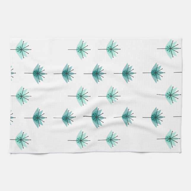 Mid Century Modern Blommor Turkos Kökshandduk (Horisontell)