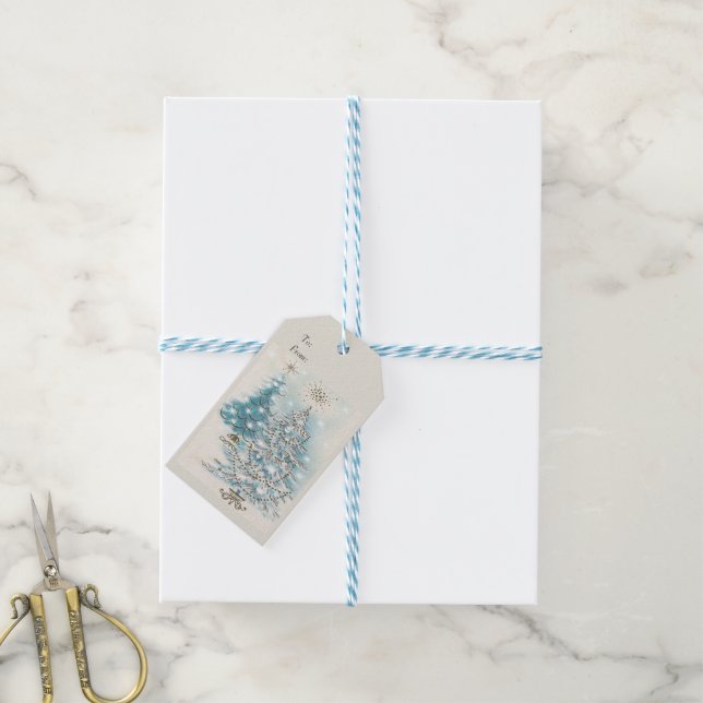 Mid Century Modern Blue Silver Julgranar Presentetikett (Med Snöre)