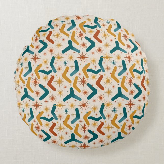 Mid-Century Modern Bumerang & Solros Retro Rund Kudde (Framsidan)
