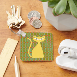 Mid Century Modern Cat on Geometric Pattern Nyckelring