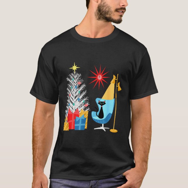 Mid-century Modern Christmas Tree And Cat In Retro T Shirt (Framsida)