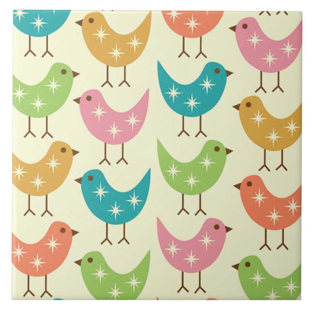 Mid Century Modern Colorful Atomic Birds Pattern  Kakelplatta (Framsidan)