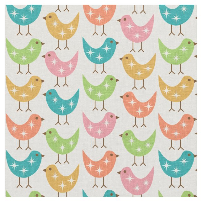 Mid Century Modern Colorful Atomic Birds Pattern Tyg (Närbild)