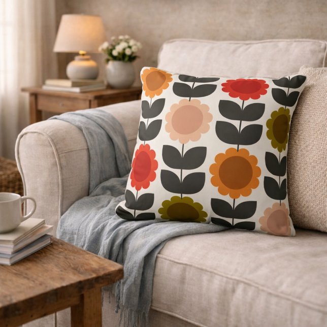  Mid-Century Modern Färgade Retro Groovy Blommor  Kudde (Skapare uppladdad)