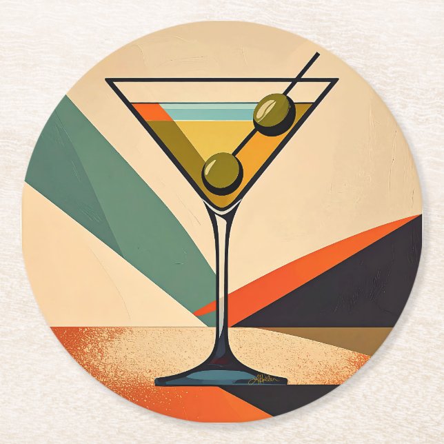 Mid Century Modern Färgblock Martini Art Underlägg Papper Rund (Framsidan)