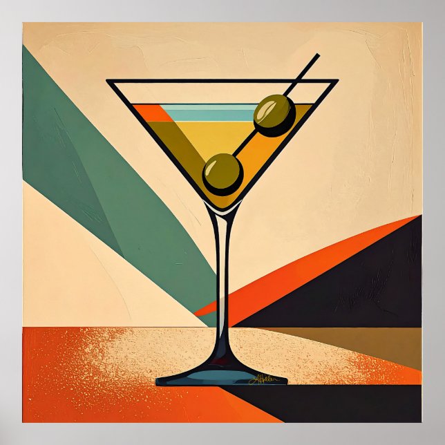 Mid Century Modern Färgblock Martini Konst Poster (Framsidan)
