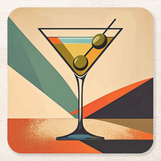 Mid Century Modern Färgblock Martini Konst Underlägg Papper Kvadrat (Framsidan)