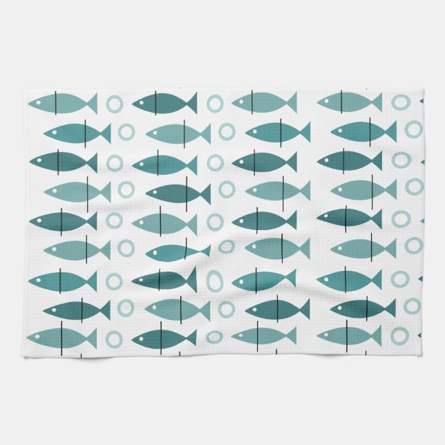 Mid Century Modern Fish Mönster Turcos Kökshandduk (Horisontell)