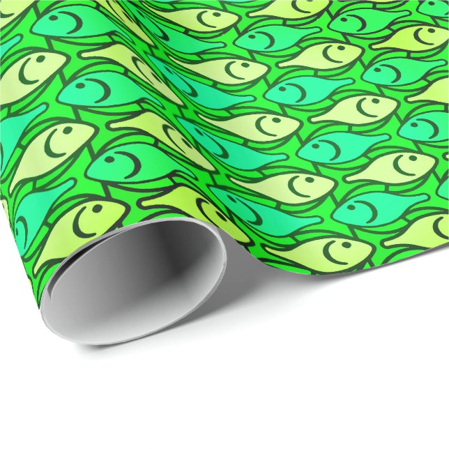 Mid-Century Modern fisk, nyanser av limegrönt Presentpapper (Rullad Hörn)