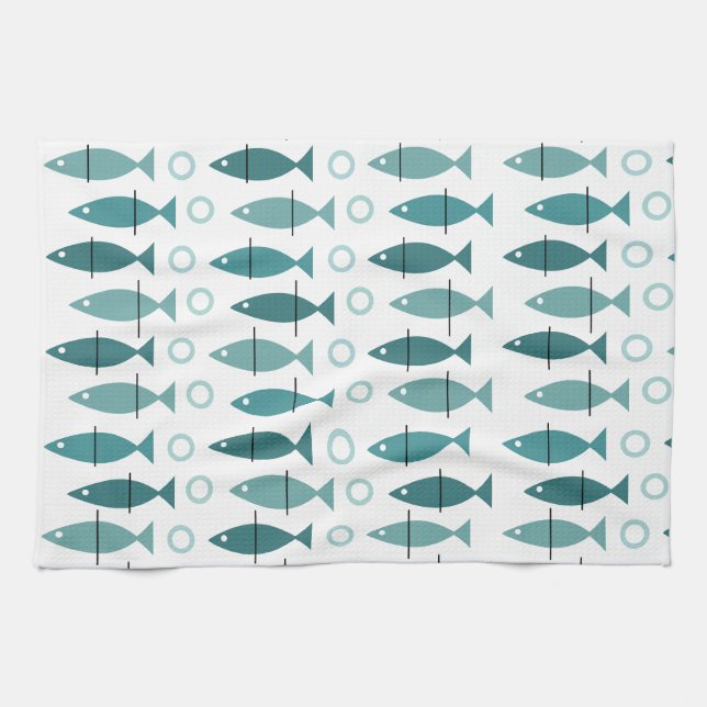 Mid Century Modern Fiskmönster Turkos Kökshandduk (Horisontell)