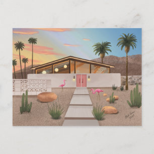 Mid Century Modern Flamingo House Blank-vykort Vykort