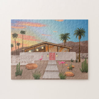Mid Century Modern Flamingo House Jigszle Puzzle Pussel