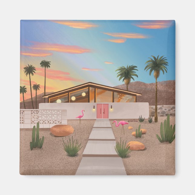 Mid Century Modern Flamingo House Magnet (Framsidan)