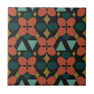 Mid Century Modern Flower Diamond Black Kakelplatta