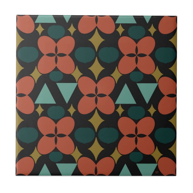 Mid Century Modern Flower Diamond Black Kakelplatta (Framsidan)