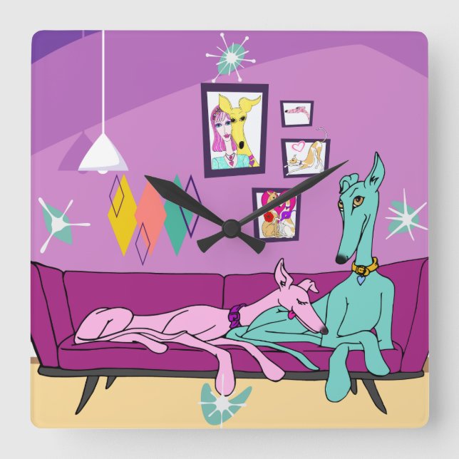 Mid Century Modern Greyhound Art Fyrkantig Klocka (Framsida)