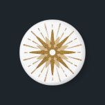 Mid-Century Modern Guld Starburst Round Magnet<br><div class="desc">Modern design från mitten av århundradet med vintage retro guld som utgångspunkt, kompletterad med den moderna starstdesignen inslag. Enkel, ren starsterdesign i en palett med guld och vitt färg. En utformning av en samordnande samling. Designat som mall kan du skapa ditt eget anpassad design genom att använda fält eller genom...</div>