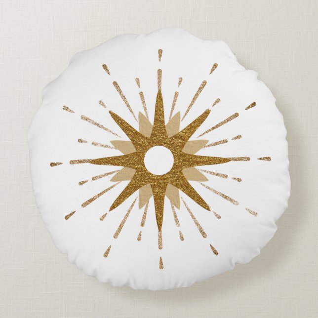 Mid Century Modern Guld & White Starburst Rund Kudde (Baksidan)
