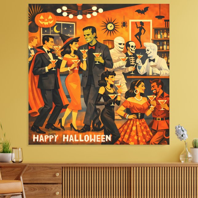 Mid Century Modern Halloween Martini-fest Canvastryck (Insitu (Vardagsrum))