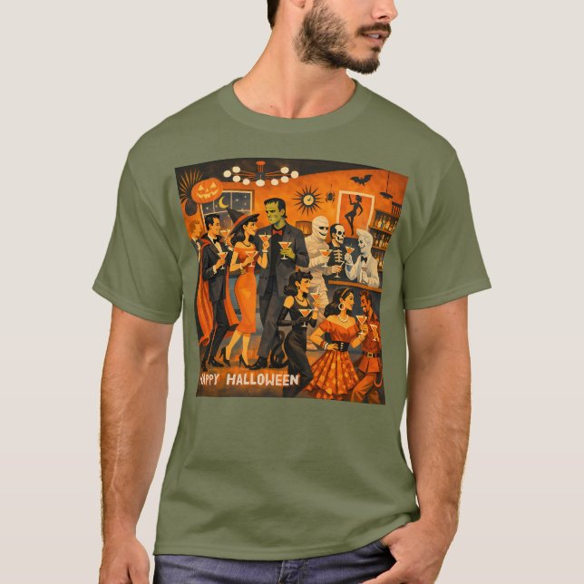 Mid Century Modern Halloween Martini-fest T Shirt (Framsida)